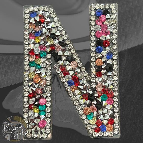 Letter N Multicolor Rhinestone Iron On Patch - Picture 1 of 2